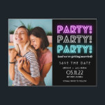 Funny Party Photo Lesbian Gay LGBT Save the Date A Announcement Postcard<br><div class="desc">Save the date postcards for a fun couple in a neon sign "Party Party Party (and we're getting married") design featuring your favorite photo. Customize the front side of the postcard with your names,  wedding date and location. Add your return address and additional wedding details to the back.</div>