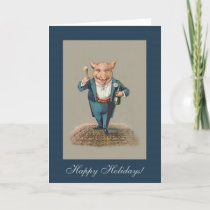 Funny Partying Pig - Vintage New Year/Christmas Holiday Card