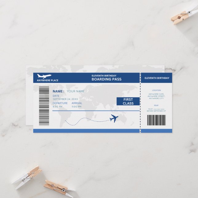 Funny passport, boarding pass ticket 11th birthday invitation (Front/Back In Situ)