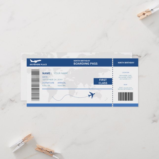 Funny passport, boarding pass ticket 9th birthday invitation (Front/Back In Situ)