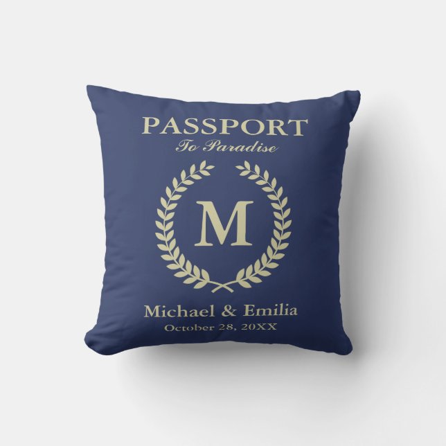 Funny Passport Look Laurel Wreath Monogram Name Throw Pillow (Front)
