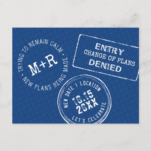 Funny Passport Stamp Wedding Change the Date Announcement Postcard
