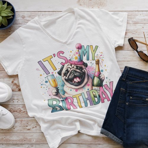 Funny Pastel Birthday Pug Watercolo Illustration T_Shirt