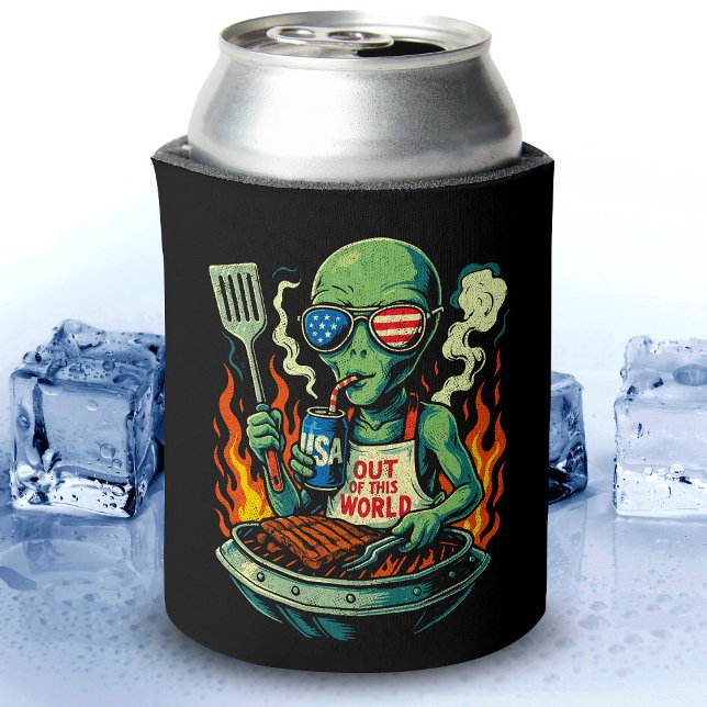 Funny Patriotic Alien Grilling Retro American BBQ Can Cooler (Creator Uploaded)