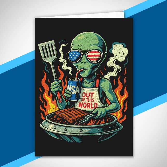 Funny Patriotic Alien Grilling Retro American BBQ Card (Creator Uploaded)