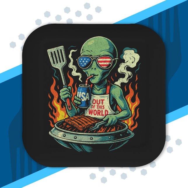 Funny Patriotic Alien Grilling Retro American BBQ Paper Plates (Creator Uploaded)