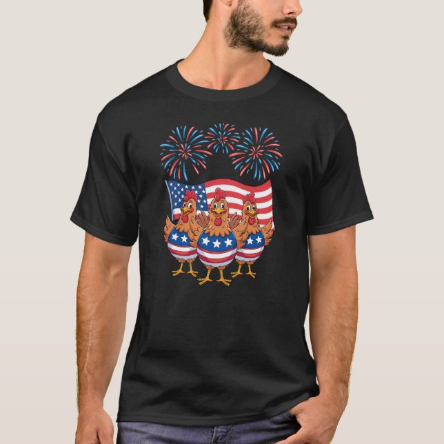 Funny Patriotic Chickens USA Flag 4th of July T-Shirt (Front)