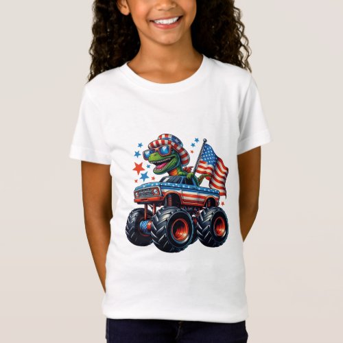 Funny  Patriotic Dinosaur T Rex On Monster Truck  T_Shirt
