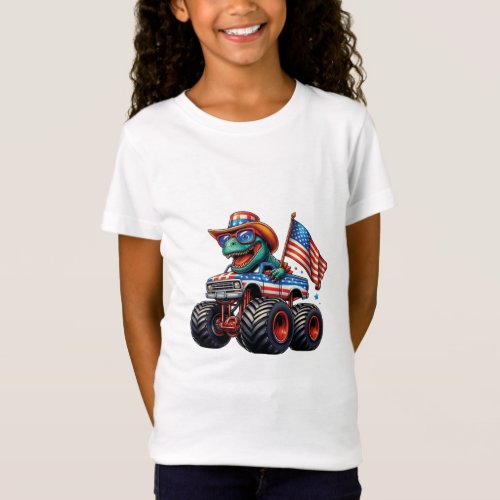 Funny Patriotic Dinosaur T Rex On Monster Truck  T_Shirt