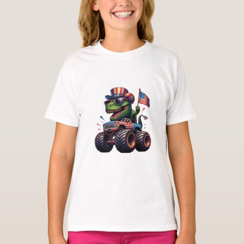 Funny Patriotic Dinosaur T Rex On Monster Truck  T_Shirt