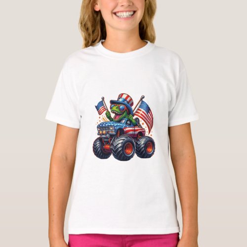 Funny Patriotic Dinosaur T Rex On Monster Truck  T_Shirt