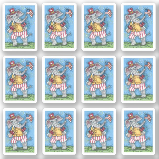 FUNNY PATRIOTIC ELEPHANT WAVING AMERICAN FLAG STICKER (Front)