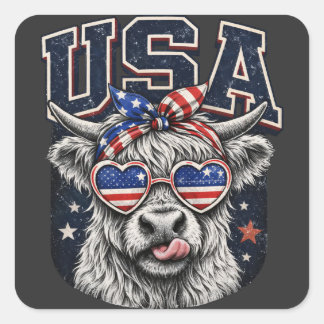 Funny Patriotic Highland Cow USA Fourth Of July Square Sticker