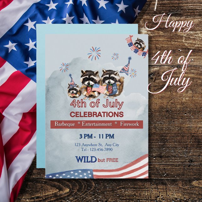 Funny Patriotic Raccoons BBQ & Fireworks  Invitation (Funny Patriotic Raccoons BBQ & Fireworks Invitation)