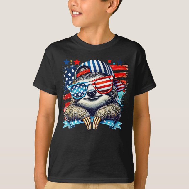 Funny Patriotic Sloth with Glasses – 4th of July T-Shirt (Front)