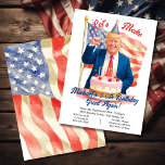 Funny Patriotic Trump Birthday Celebration Invitation<br><div class="desc">Make you party great with this funny Donald Trump birthday invitation. Features watercolor character of Trump with party hat, hold a first up infront of a birthday cake with confetti and the American Flag. All wording can be changed. Great for a patriotic birthday around election time or any day. To...</div>