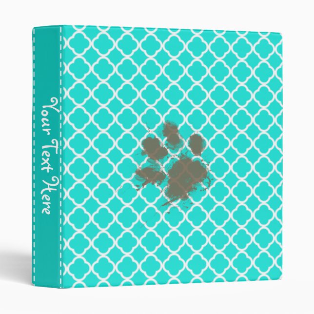 Funny Paw Print on Aqua Color Quatrefoil Binder (Front/Spine)