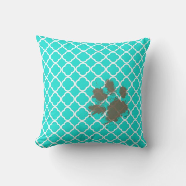 Funny Paw Print on Aqua Color Quatrefoil Throw Pillow (Front)