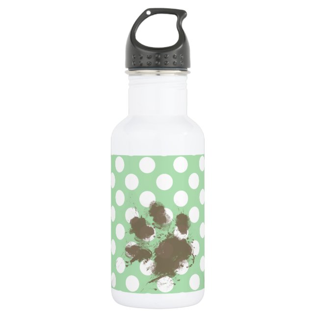 Funny Paw Print on Celadon Green Polka Dots Water Bottle (Front)