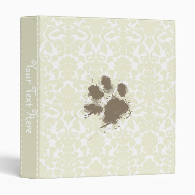 Funny Paw Print on Ivory Damask Pattern 3 Ring Binder (Front/Spine)