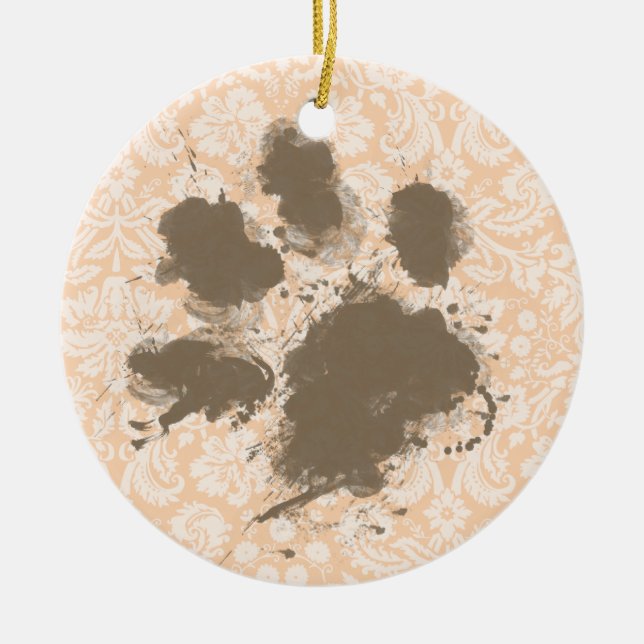 Funny Paw Print on Light Apricot, Peach Damask Ceramic Ornament (Front)