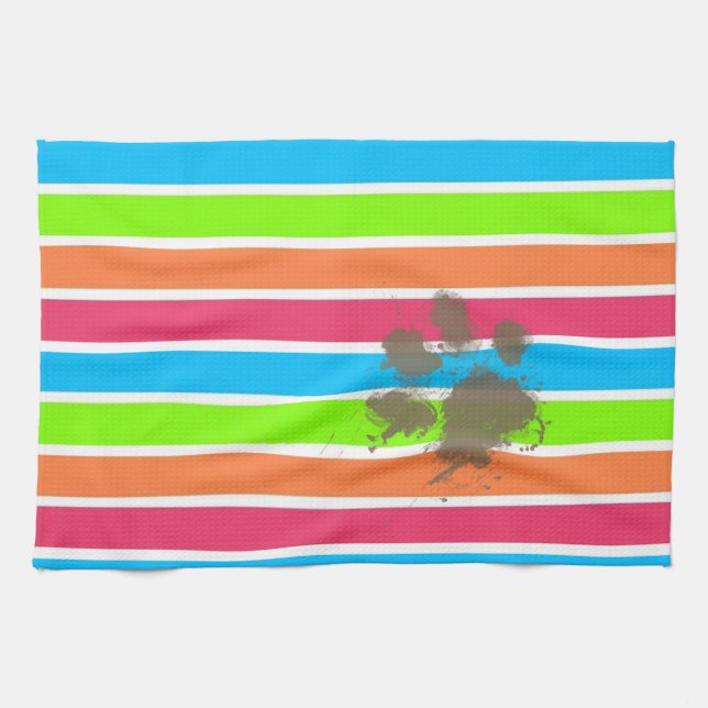 Funny Paw Print on Neon Stripes Kitchen Towel (Horizontal)