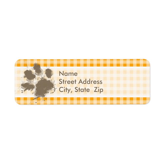 Funny Pawprint Amber Orange Gingham Label (Front)