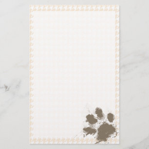 Funny Pawprint; Antique White Houndstooth Stationery