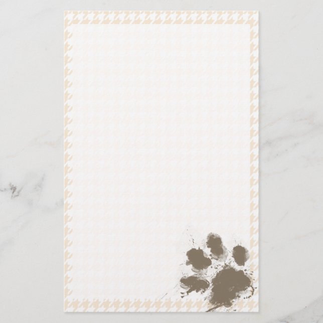 Funny Pawprint; Antique White Houndstooth Stationery (Front)