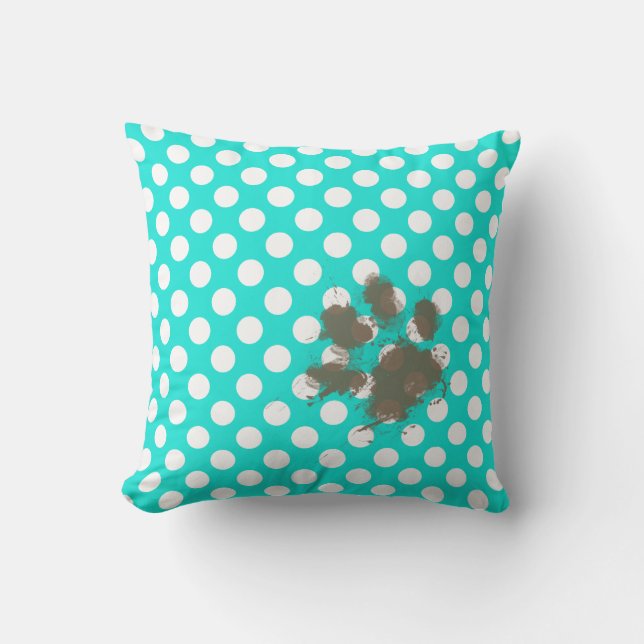 Funny Pawprint; Aqua Color Polka Dots Throw Pillow (Front)
