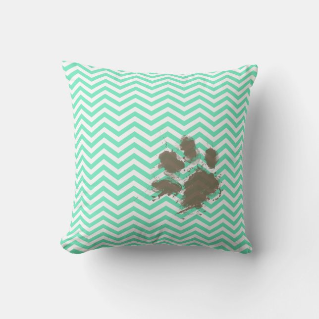 Funny Pawprint on Aquamarine Chevron Throw Pillow (Front)