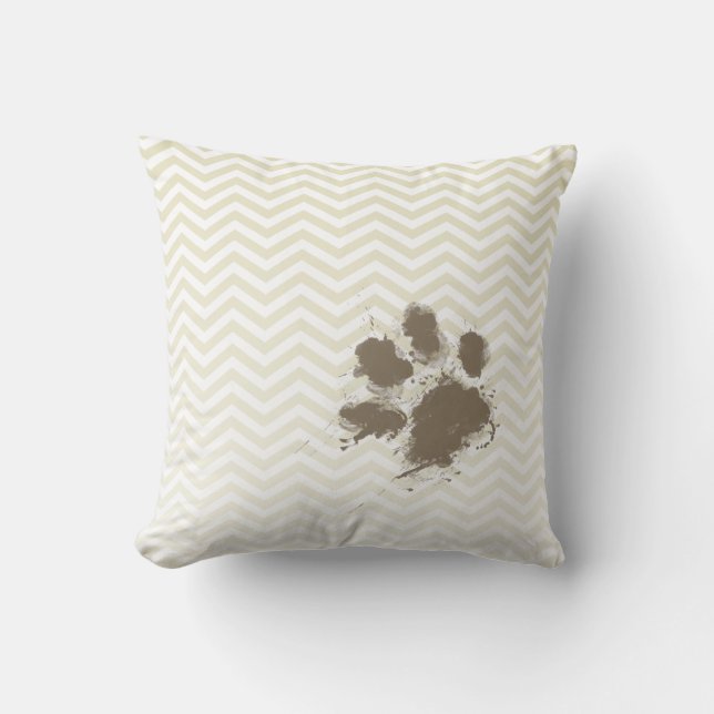 Funny Pawprint on Beige Chevron; zig zag Throw Pillow (Front)