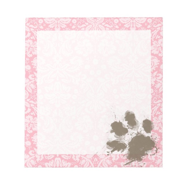 Funny Pawprint on Bubble Gum Pink Damask Notepad (Front)