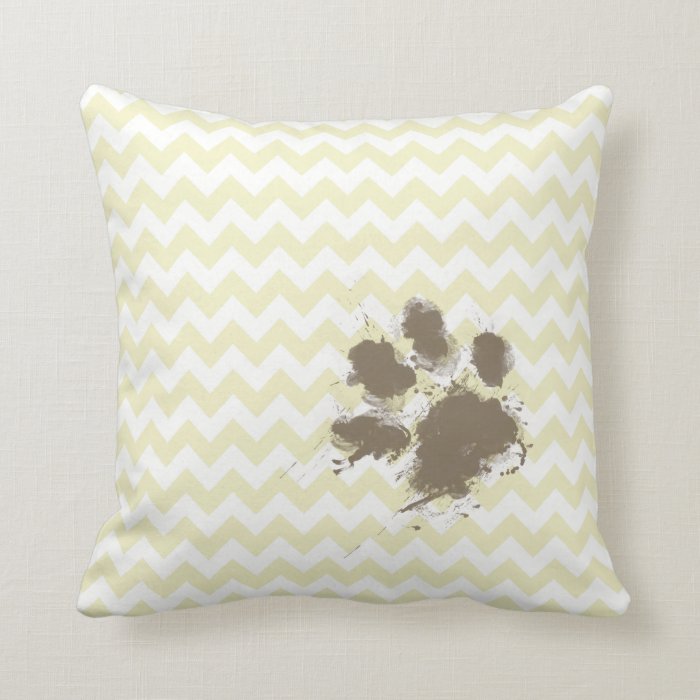 Funny Pawprint on Cream Chevron Throw Pillows