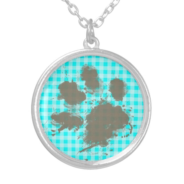 Funny Pawprint on Cyan Gingham; Checkered Silver Plated Necklace (Front)