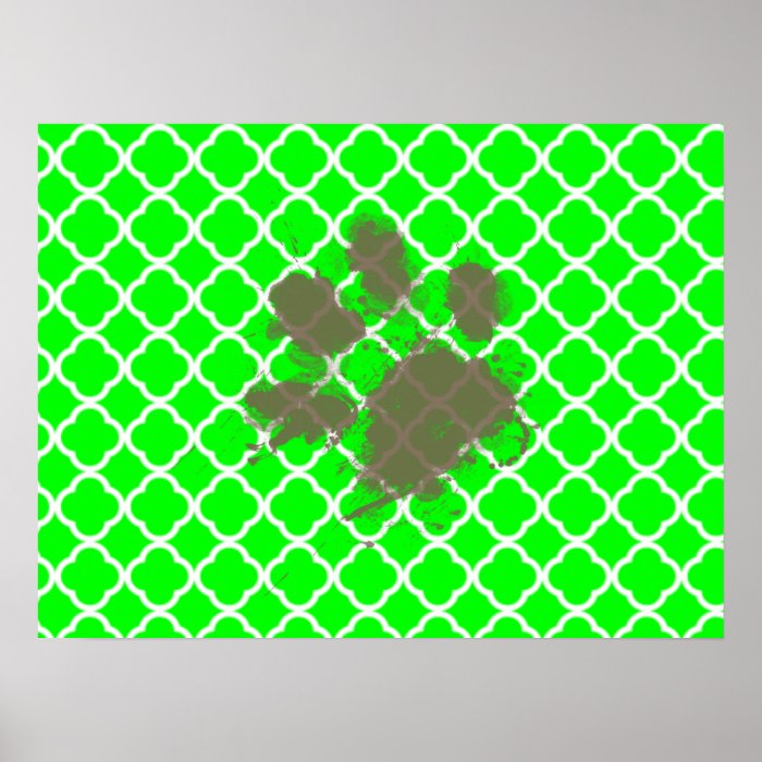 Funny Pawprint on Electric Green Quatrefoil