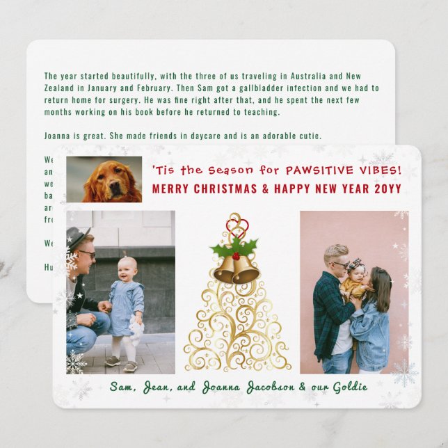 Funny Pawsitive Dog Cat 3 Photos Cute Snowflakes Holiday Card (Front/Back)