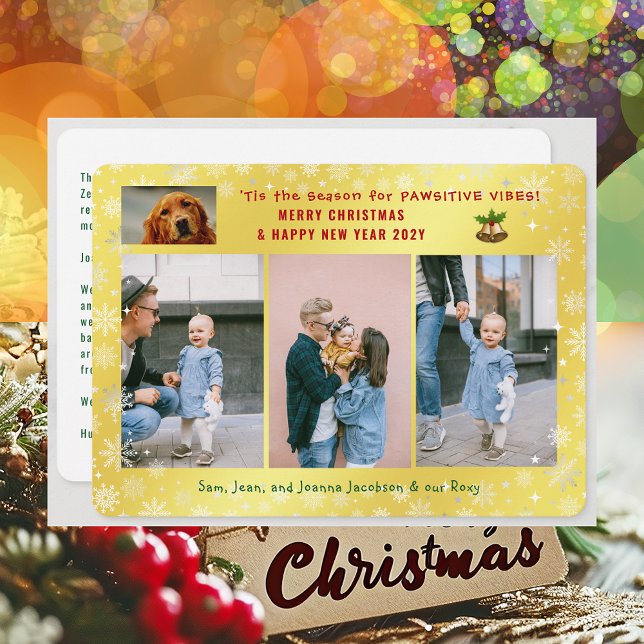 Funny Pawsitive Dog Cat 4 Photos Minimalist Golden Holiday Card (Cute Funny Pet Dog Pawsitive Vibes Merry Christmas Happy New Year 'Tis the Season 4 Photos Letter)