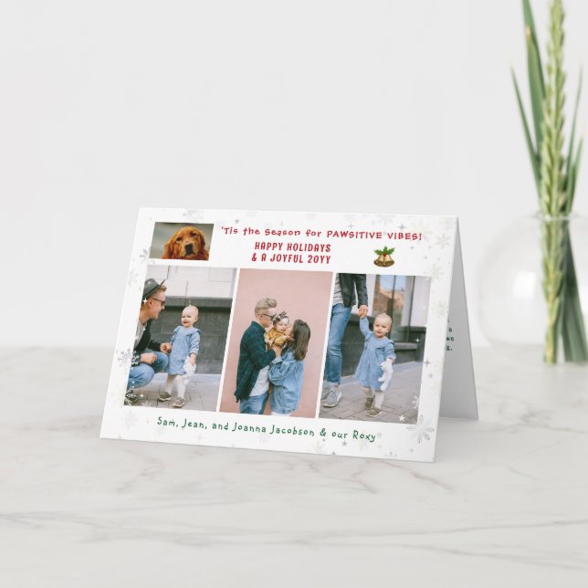 Funny Pawsitive Dog Cat 4 Photos Minimalist Modern Holiday Card (Front)