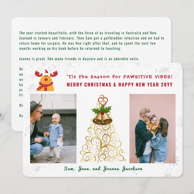 Funny Pawsitive Rudolph 2 Photos Cute Modern Holiday Card (Front/Back)