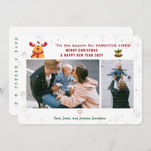 Funny Pawsitive Rudolph 2 Photos Minimalist Modern Holiday Card