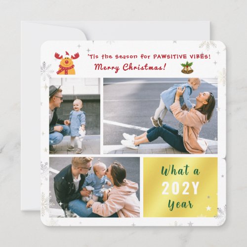 Funny Pawsitive Rudolph 3 Photos Collage Modern Holiday Card