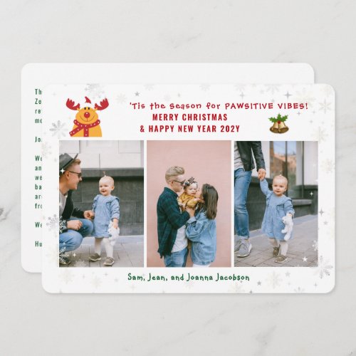 Funny Pawsitive Rudolph 3 Photos Minimalist Modern Holiday Card