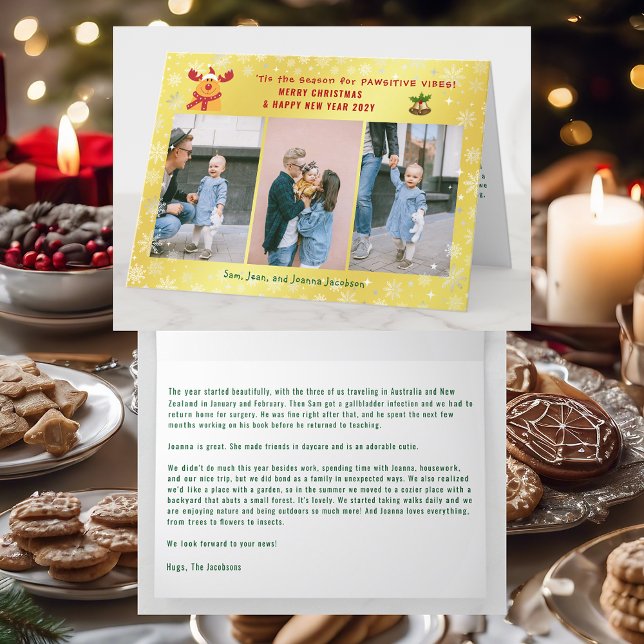 Funny Pawsitive Rudolph Minimalist Elegant 3 Photo Holiday Card (Cute Elegant Funny Rudolph Pawsitive Vibes Merry Xmas Happy New Year 3 Photos Snowflakes Golden)