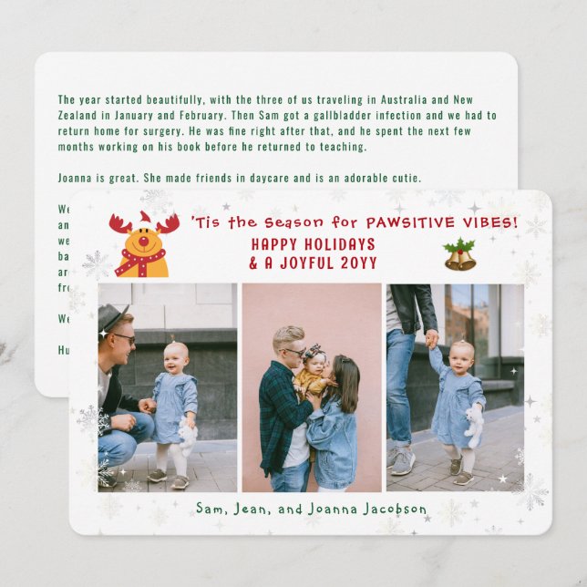 Funny Pawsitive Rudolph Minimalist Modern 3 Photos Holiday Card (Front/Back)