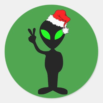 Funny Peace Alien Santa Classic Round Sticker by holidaysboutique at Zazzle