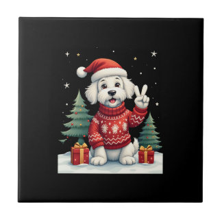 Funny Peace Hand Maltese Christmas Lights Womens M Ceramic Tile
