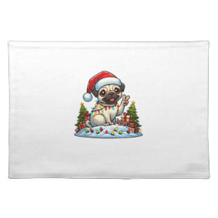 Funny Peace Hand Pug Christmas Lights Womens Mens Cloth Placemat