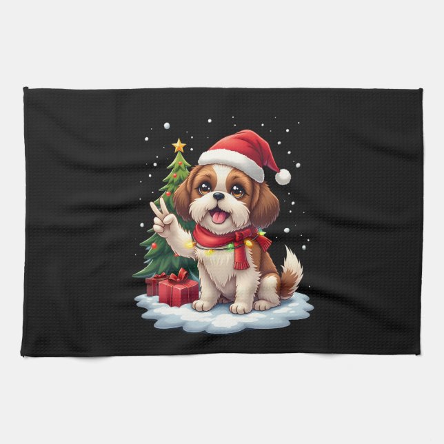 Funny Peace Hand Shih Tzu Christmas Lights Womens  Kitchen Towel (Horizontal)