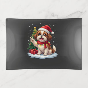 Funny Peace Hand Shih Tzu Christmas Lights Womens Trinket Tray
